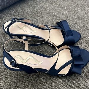 Nina Navy Satin Open-Toe Slingback Sandals with Bow Accent